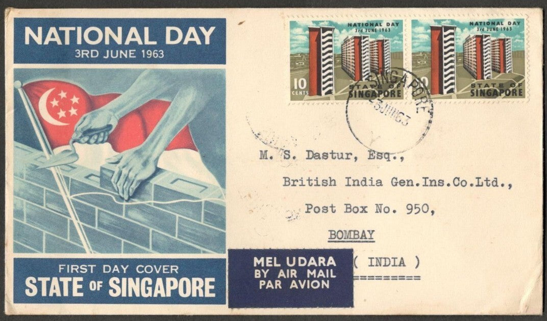 (AOP) Singapore 1963 National Day FDC to India