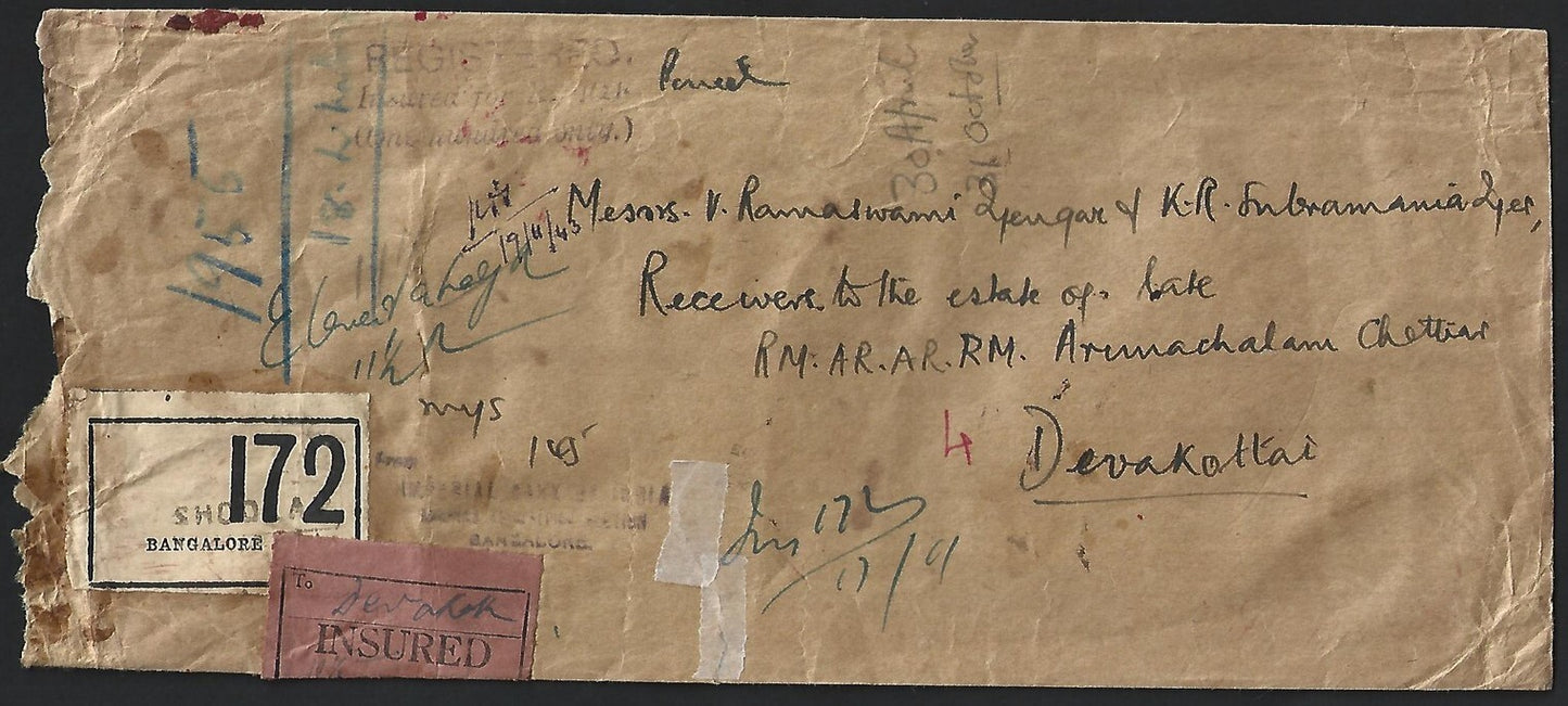 India Regd Insured Parcel cover wi "TO Devakota / INSURED / 11 1/2 TOLAS" label