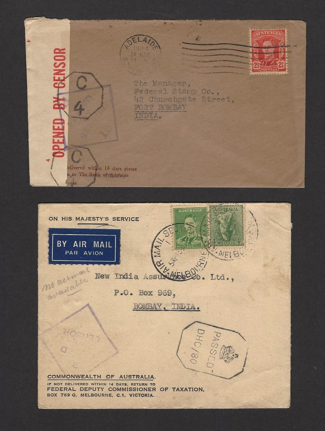 Australia WW2 covers to India with censors of both countries (6)