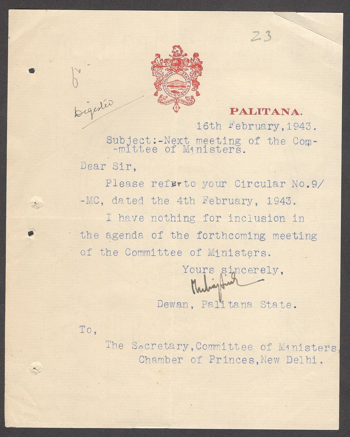 India 1943 crested letter PALITANA STATE signed Dewan