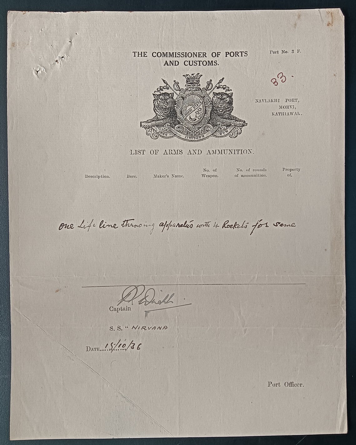 India 1936 Navlakhi Port Morvi SS NIRVANA Captan signed Arms List - 4 ROCKETS