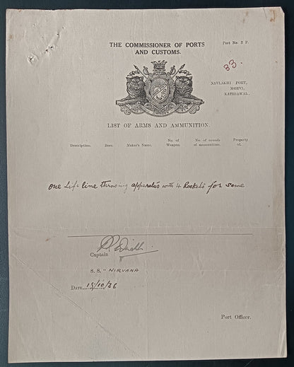 India 1936 Navlakhi Port Morvi SS NIRVANA Captan signed Arms List - 4 ROCKETS