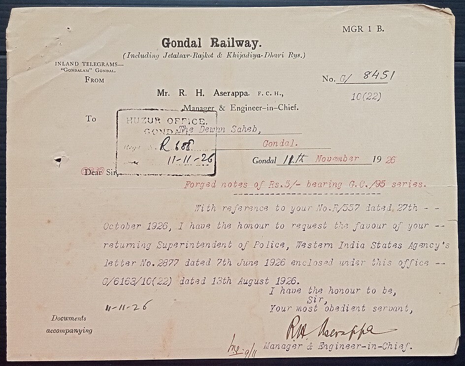 (AOP) India 1926 Official correspondence about FORGED CURRENCY
