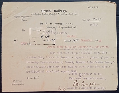 (AOP) India 1926 Official correspondence about FORGED CURRENCY