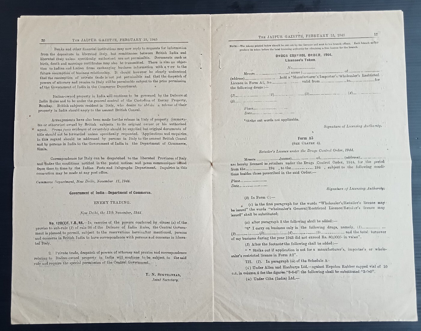 India WW2 Gazette Notification - allowing trade with LIBERATED ITALY