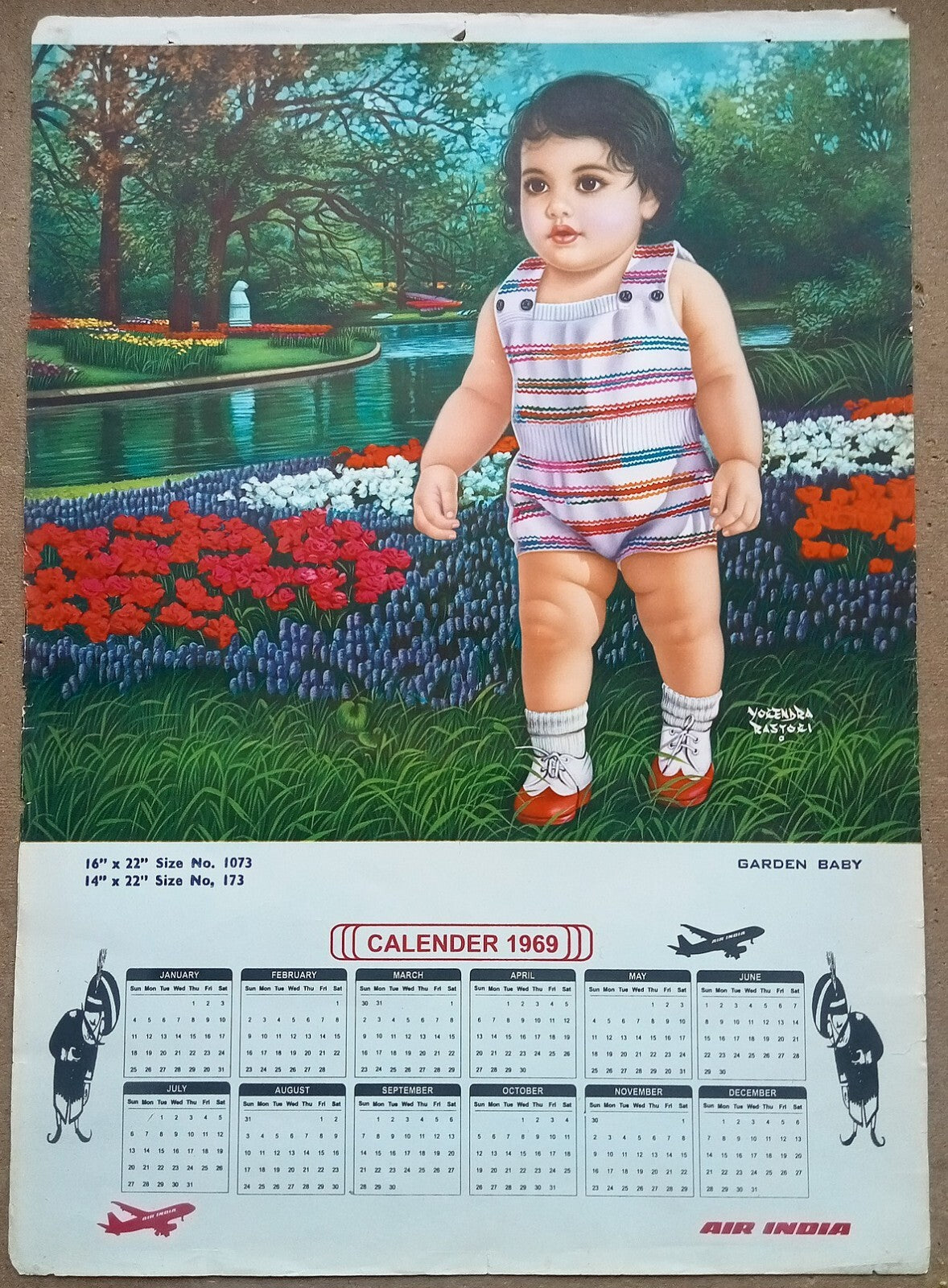 AIR INDIA 1969 poster calender 1073 - GARDEN BABY - ARTIST : DEBASIS DAS - R