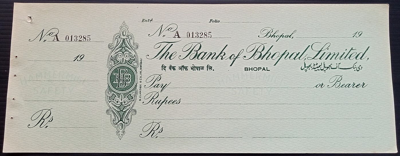 (AOP) India BANK OF BHOPAL vintage check / cheque unused
