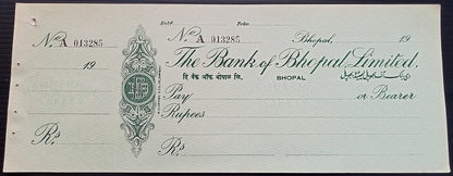(AOP) India BANK OF BHOPAL vintage check / cheque unused