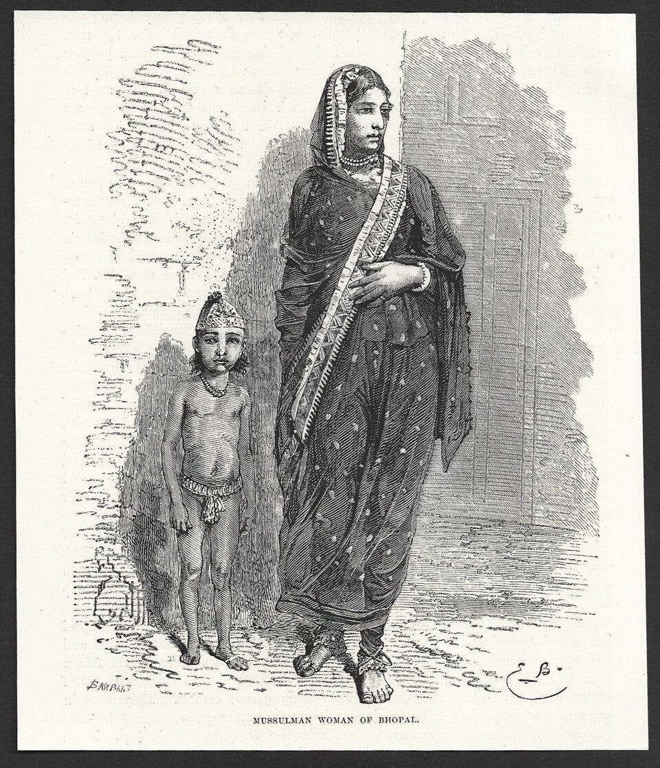 India MUSSULMAN WOMAN OF BHOPAL engraved print ex libris Rousslet 1876 7"x6"