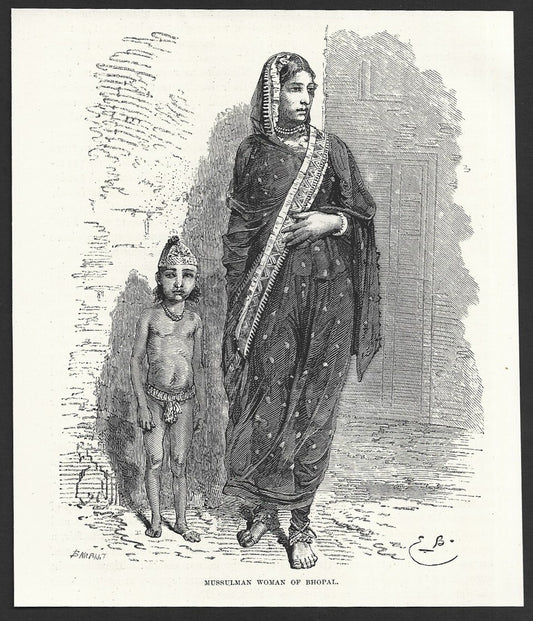India MUSSULMAN WOMAN OF BHOPAL engraved print ex libris Rousslet 1876 7"x6"