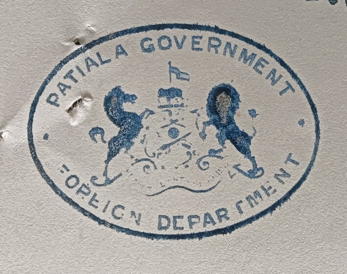 India 1938 crested letter PATIALA GOVERNMENT / FOREIGN DEPARTMENT