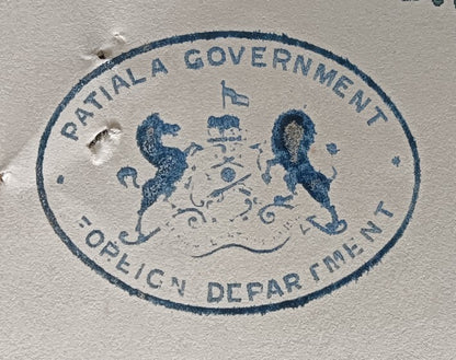 India 1938 crested letter PATIALA GOVERNMENT / FOREIGN DEPARTMENT