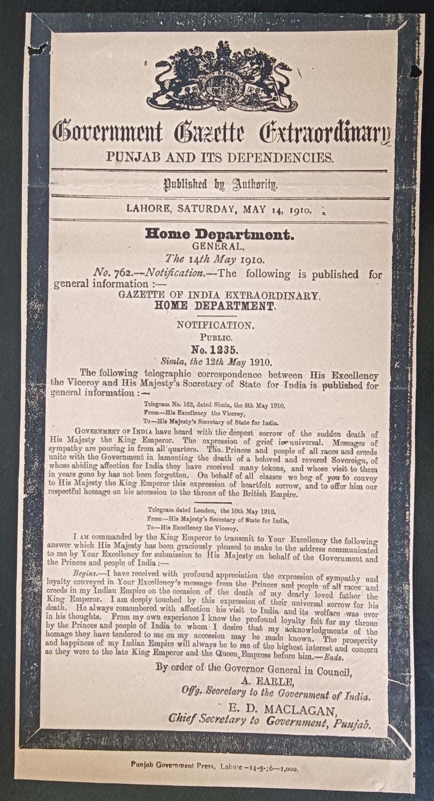 India 1910 black bordered Gazette notifying the death of King Edward VII
