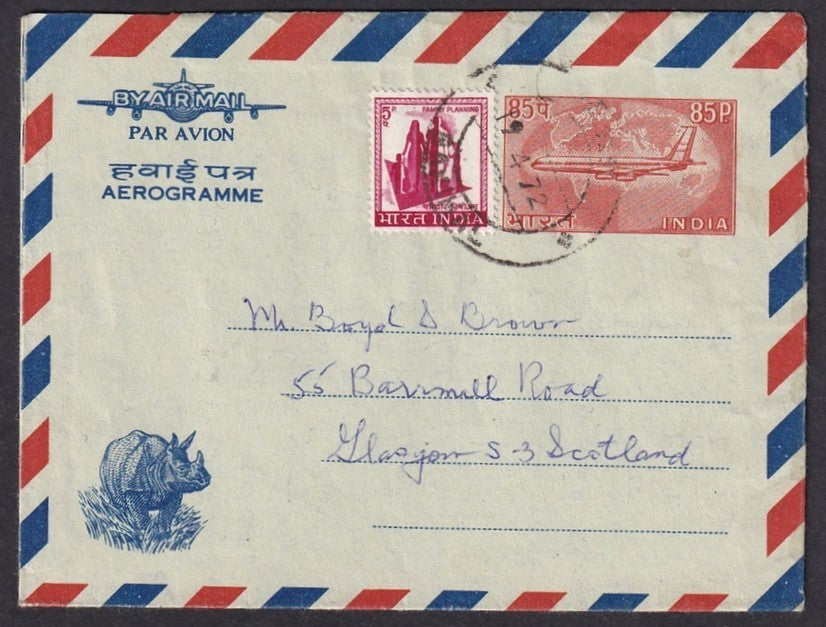 India 85p Rhino aerogramme uprated 5p to Scotland