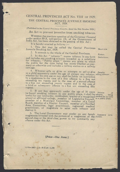 India 1929 Central Provinces Juvenile Smoking Act + 3 others