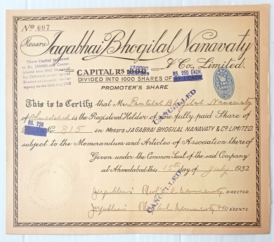 AOP India 1932 share certificate Jagabhai Bhogilal Namavaty & Co. Ltd
