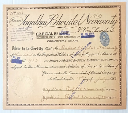 AOP India 1932 share certificate Jagabhai Bhogilal Namavaty & Co. Ltd