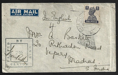 AOP India WW2 1942 RAF censor cover canc "BASE POSTB OFFICE NO. 1"