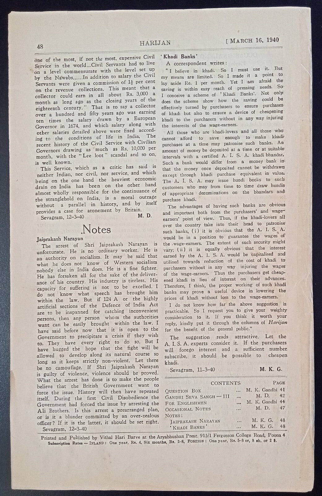 India HARIJAN 16 March 1940 issue - DO I DISRTUCT THE VICEROY? by MK Gandhi
