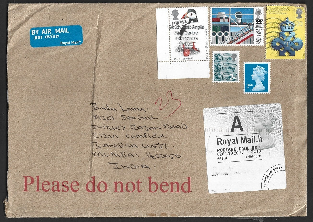 GB Machins, high value commemoratives, etc. on covers to India (4)