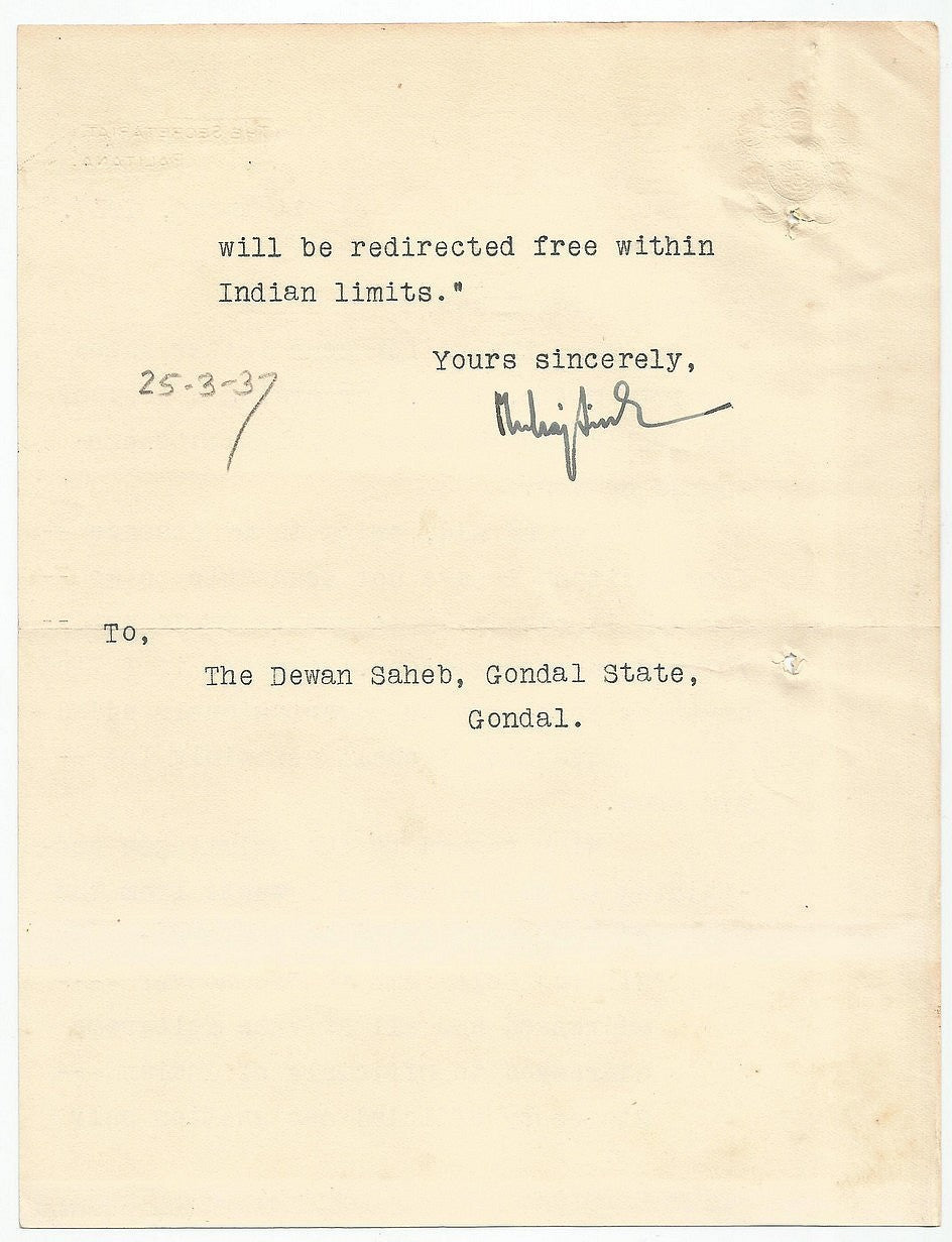 India Palitana State crested letter about Raj (Princely State) telegrams