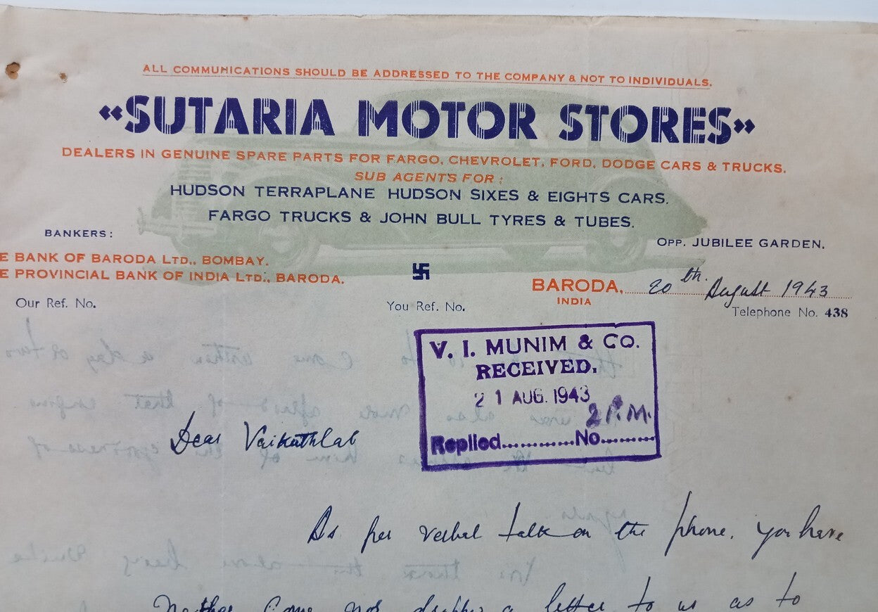 AOP India SUTARIA MOTOR STORES, Bombay letterhead used 1943