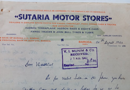 AOP India SUTARIA MOTOR STORES, Bombay letterhead used 1943