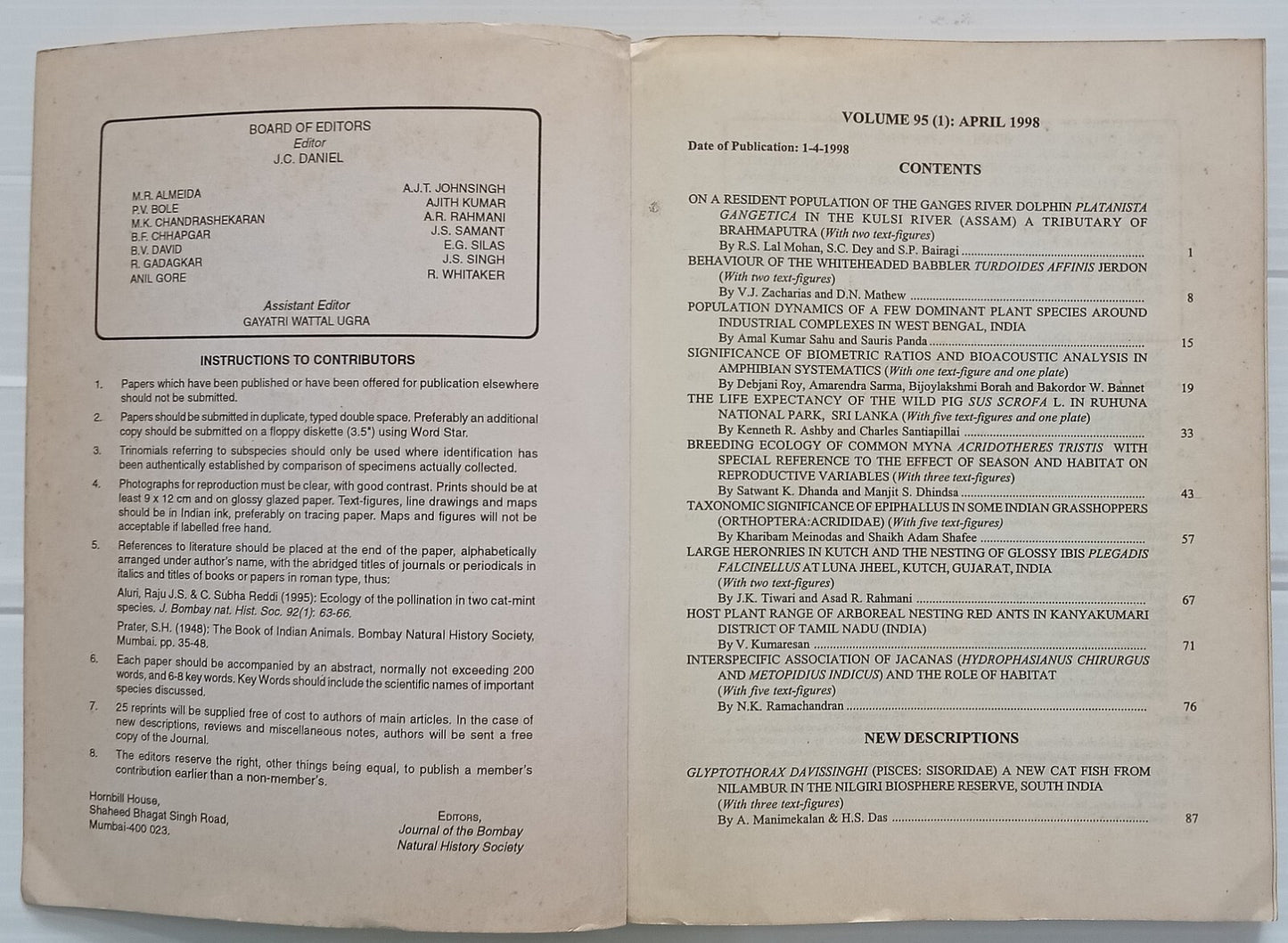 AOP India JOURNAL OF THE BOMBAY NATURAL HISTORY SOCIETY April 1998