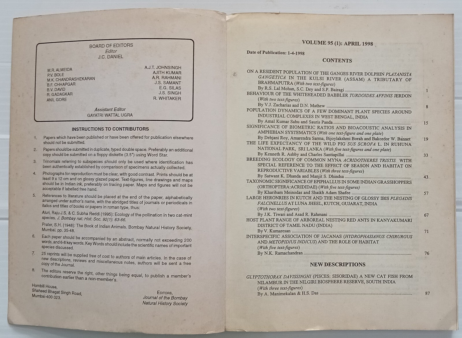 AOP India JOURNAL OF THE BOMBAY NATURAL HISTORY SOCIETY April 1998