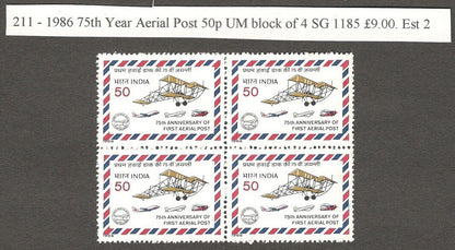 India 1986 75th Year Aerial Post MNH block of 4. SG 1185 £9