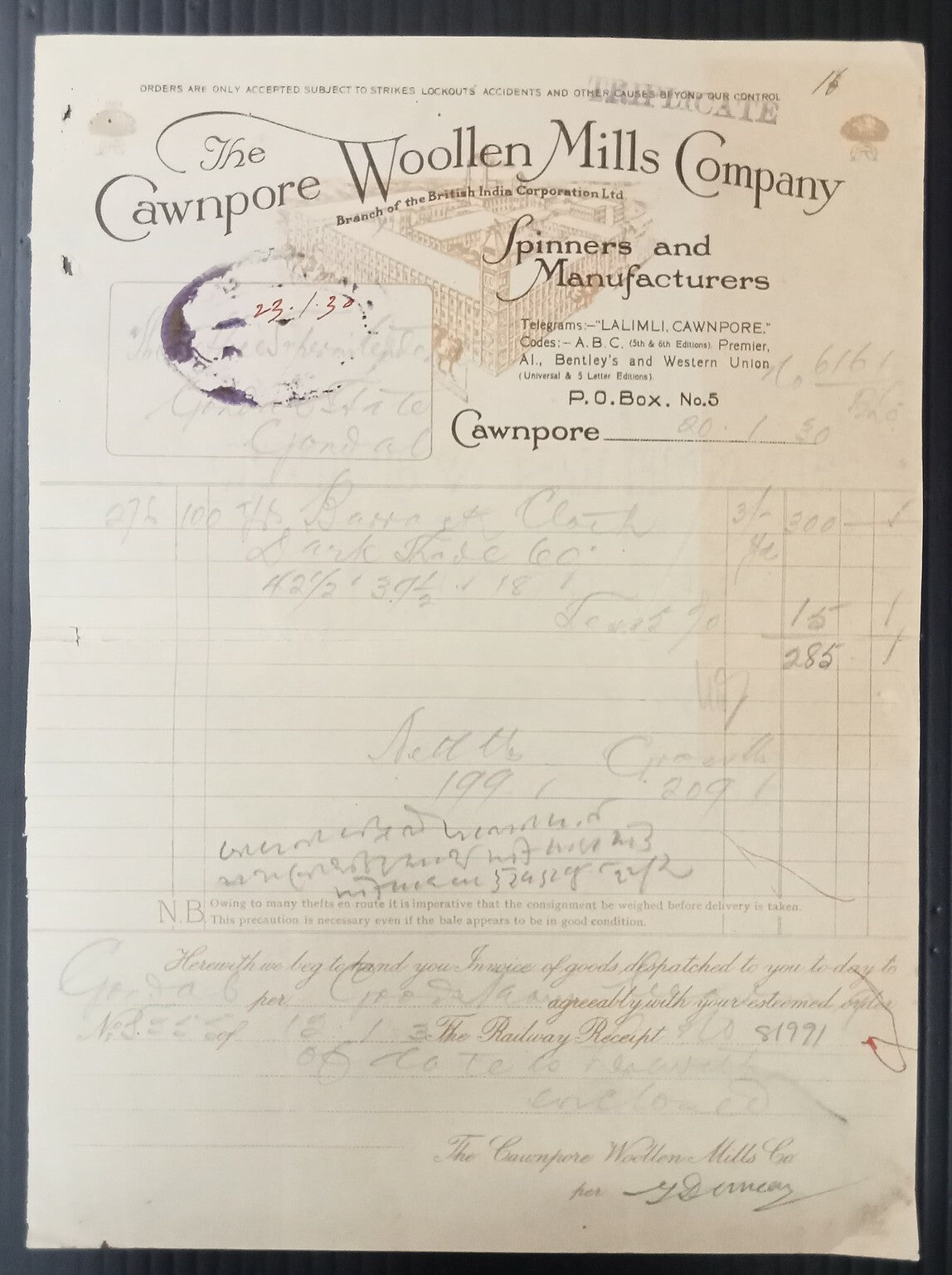 AOP Cawnpore Woollen Mills Co.1930 illustrated letterhead India