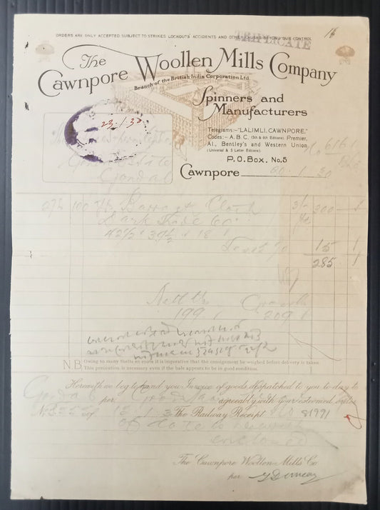 AOP Cawnpore Woollen Mills Co.1930 illustrated letterhead India