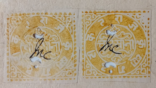 AOP India Kishangarh State 1882 watercolor revenue stamps (2) on document