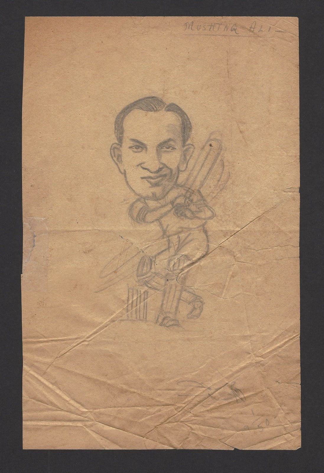 Cricket India 1950 Mushtaq Ali pencil sketch by cartoonist R Booch Ӝ