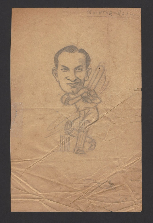 Cricket India 1950 Mushtaq Ali pencil sketch by cartoonist R Booch Ӝ