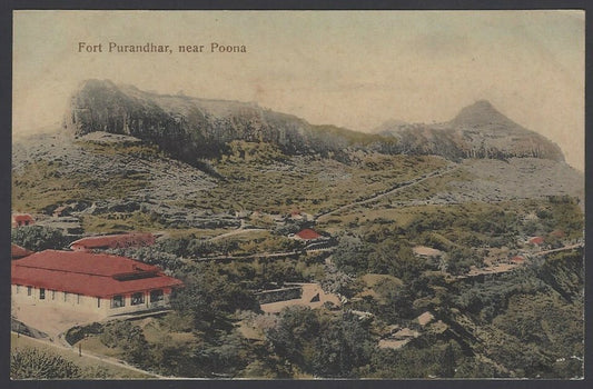 India Poona vintage tinted postcard Fort Purandhar