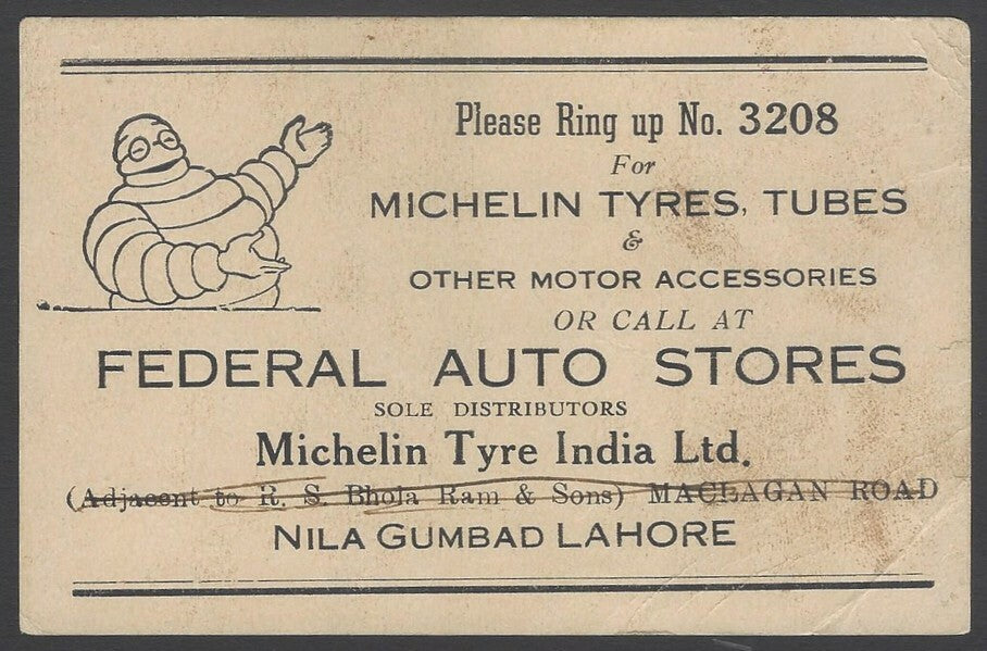 AOPINT India pictorial advertisement card MICHELIN TYRES & TUBES, Lahore