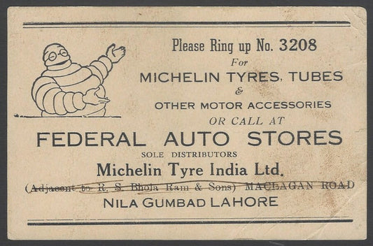 AOPINT India pictorial advertisement card MICHELIN TYRES & TUBES, Lahore