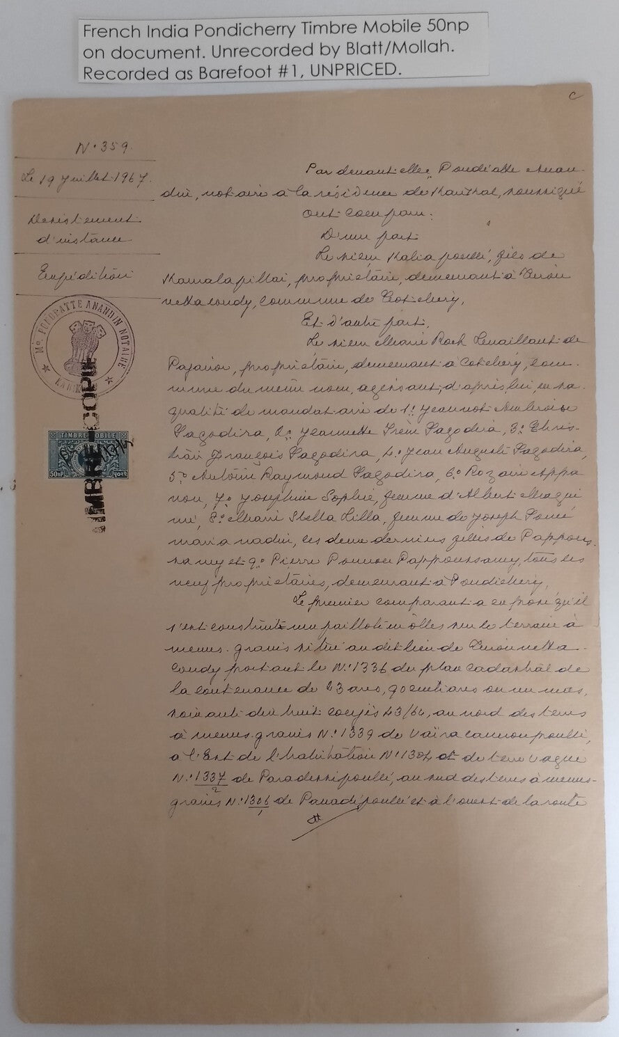 AOP French India 50np TIMBRE MOBILE revenue stamp on 1967 KARIKAL document