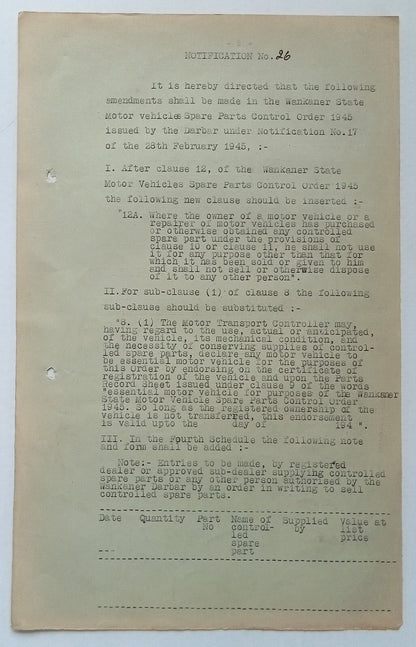 India 1945 MOTOR VEHICLES SPARE PARTS ORDER signed Amar Singh MAHARAJA WANKANER