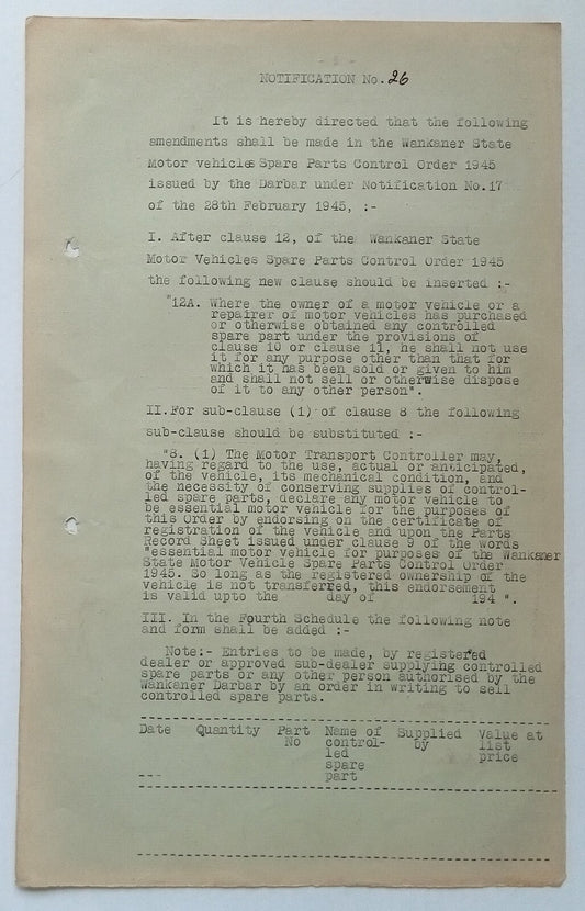 India 1945 MOTOR VEHICLES SPARE PARTS ORDER signed Amar Singh MAHARAJA WANKANER