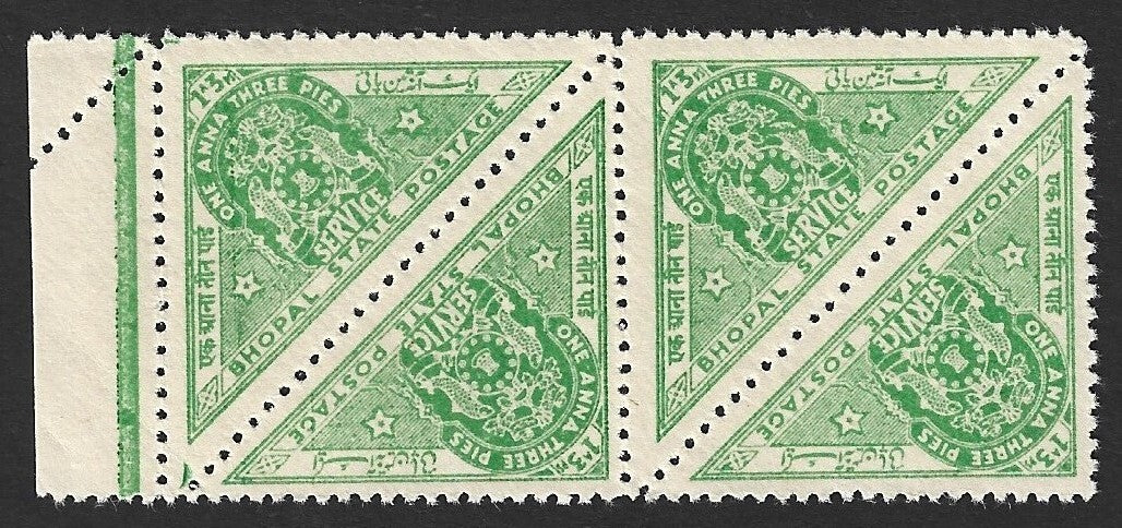 India BHOPAL State 1941 1a3p triangle block of 2 pairs MNH. SG O346 £22