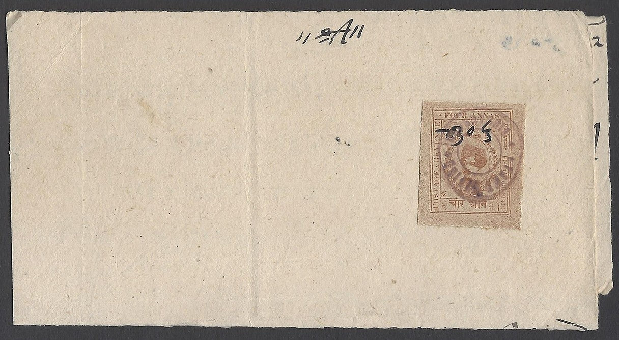AOP India Kishangarh State revenue stamp Type 25 4a brown on small document