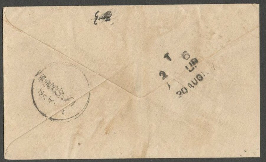 AOPIMT India QV 1/2a blue env used 1880s with several -line T/2 6/1 UP/30 AUG 