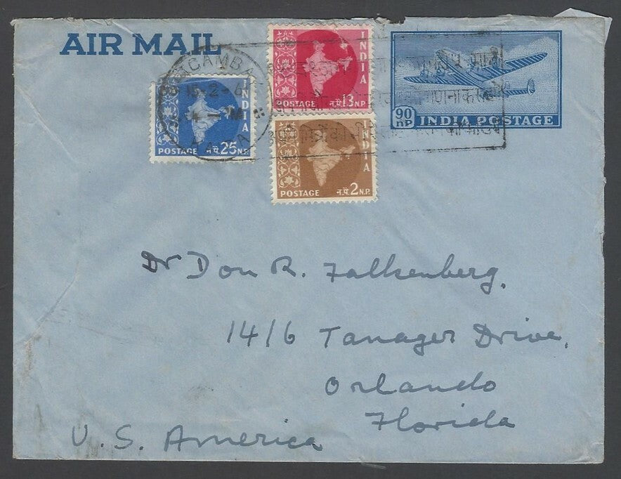 India 90np airmail envelope uprated 2np, 13np & 25np Maps to USA Re1.30 rate 