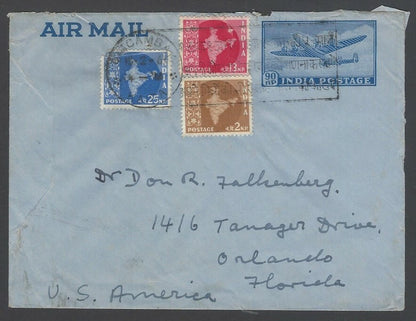 India 90np airmail envelope uprated 2np, 13np & 25np Maps to USA Re1.30 rate 