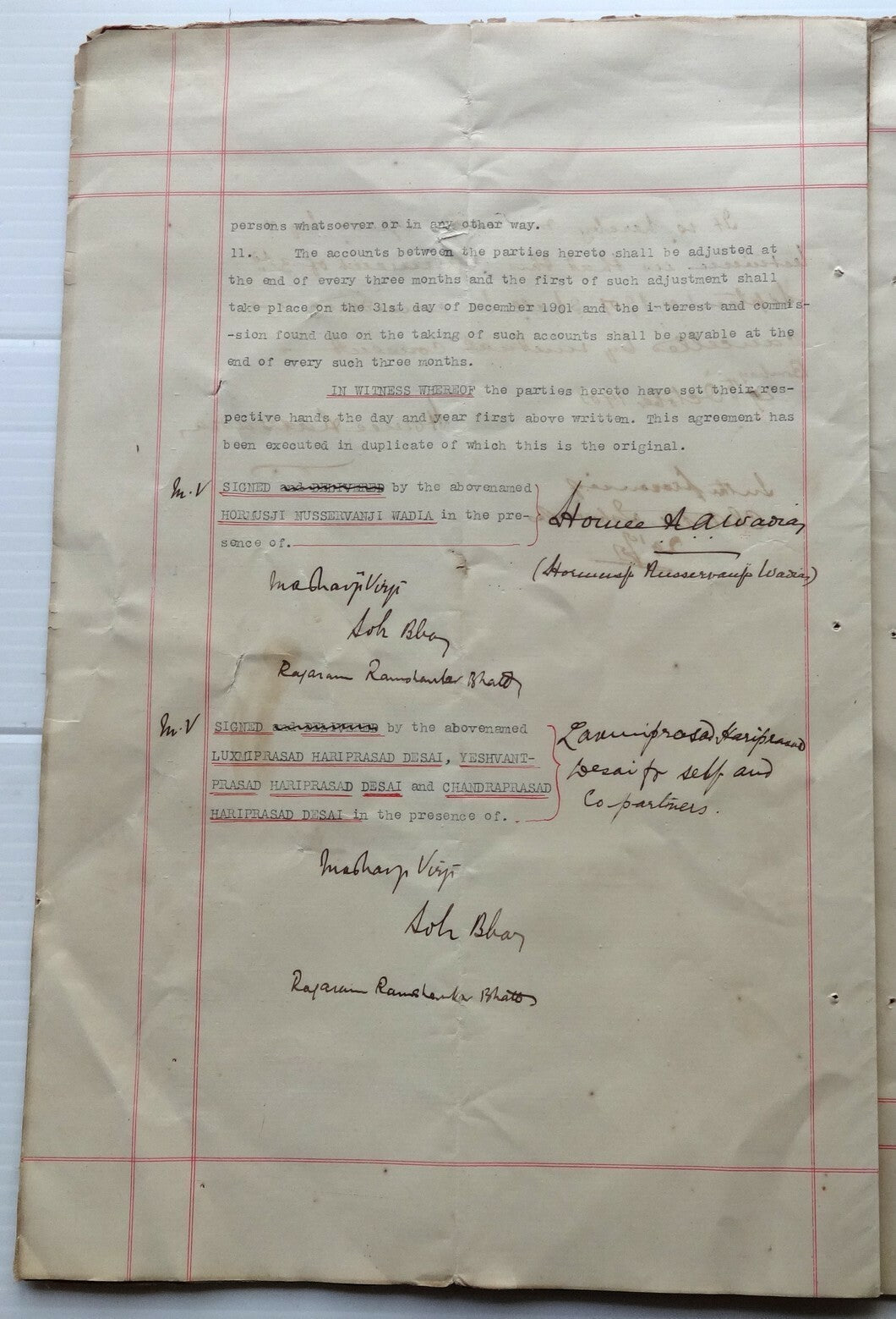India 1901 Agreement signed Hormusji Nusserwanjee Wadia & others
