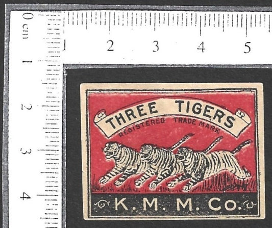 India VINTAGE matchbox label THREE TIGERS by K.M.M. Co.