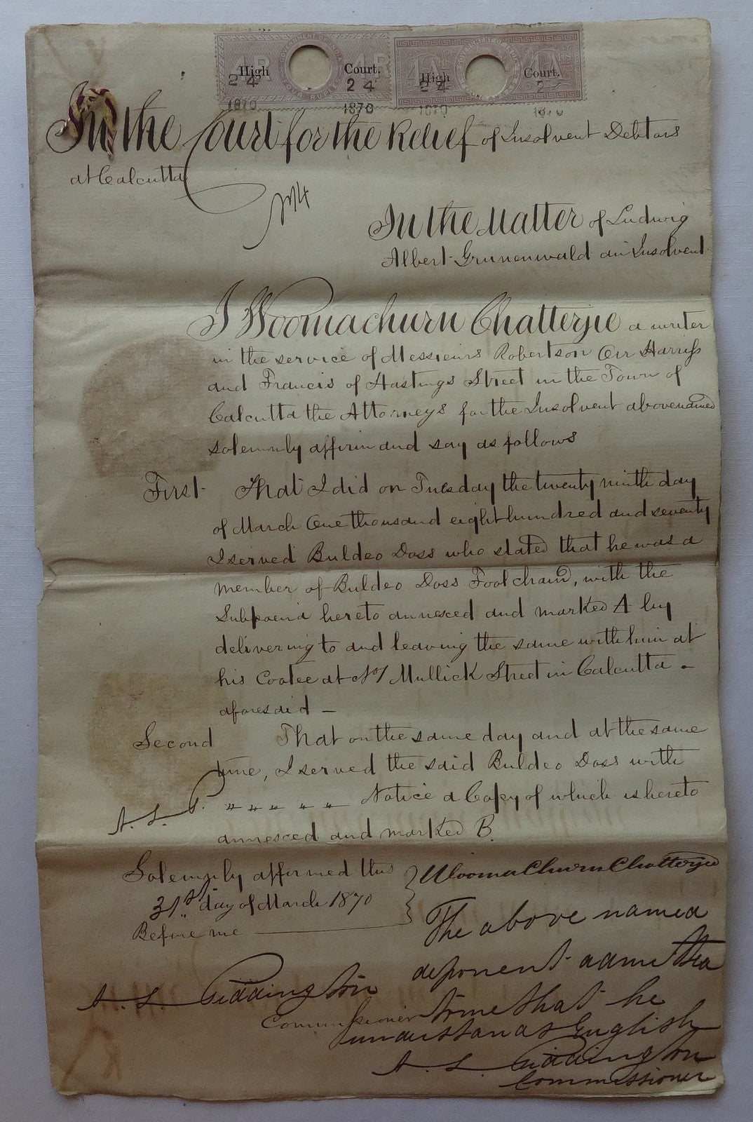 India QV High Court 1869 4a & 4R lilacs & on 1870 document