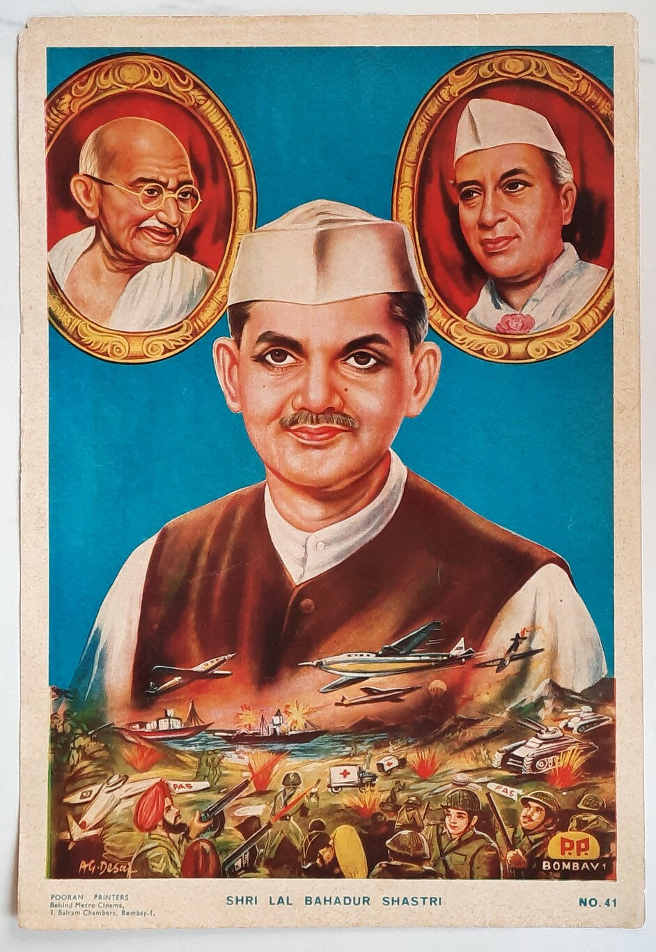 India vintage colour poster Shri Lal Bahadur Shastri 37x25cm